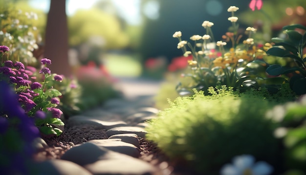 A garden with a stone path and plants in the defocused and blurred background