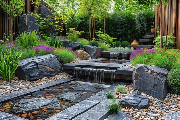 A garden with a stone path and a waterfall