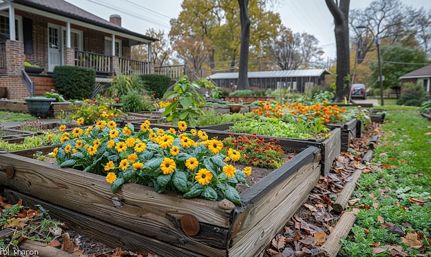 a garden with sunflowers and a wooden box with a house in the background