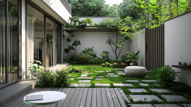 a garden with a table and chairs and a table with a potted plant on it