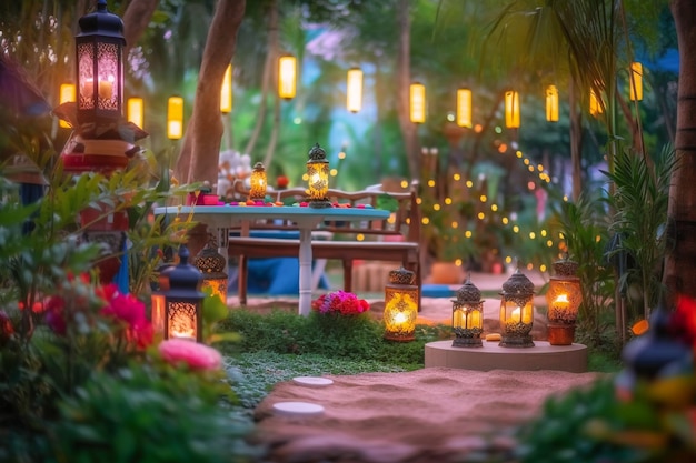 A garden with a table and lanterns in the middle