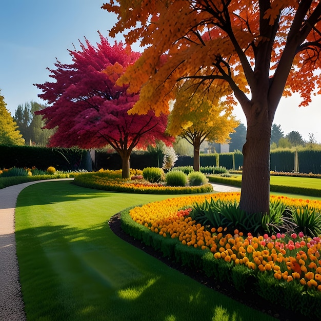 a garden with a tree and flowers in the foreground