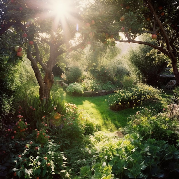 A garden with a tree and a sun shining on it