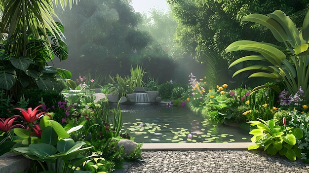 A garden with a variety of flowering plants and a small water feature creating a peaceful and serene environment