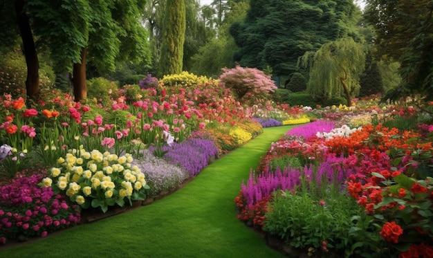 A garden with a variety of flowers