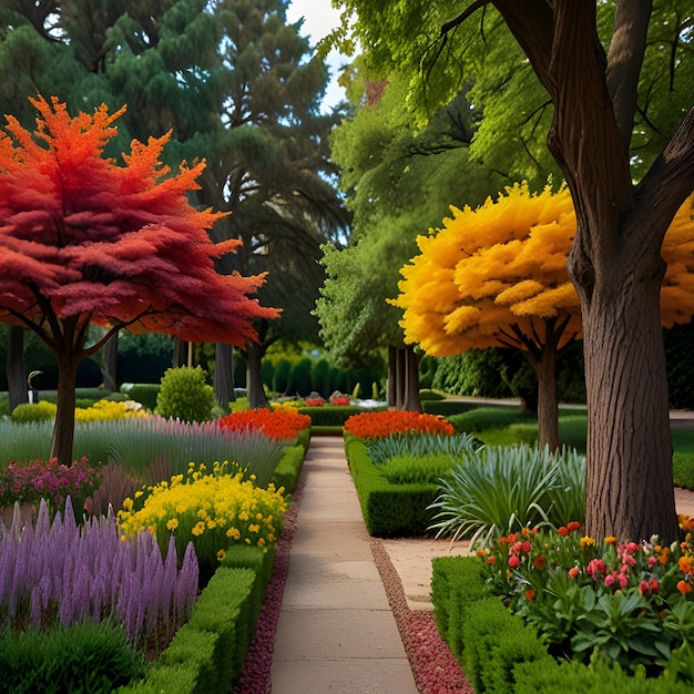 a garden with a walkway and flowers and a path that says  spring