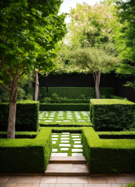 Photo a garden with a walkway and a hedge with a square shape in the middle