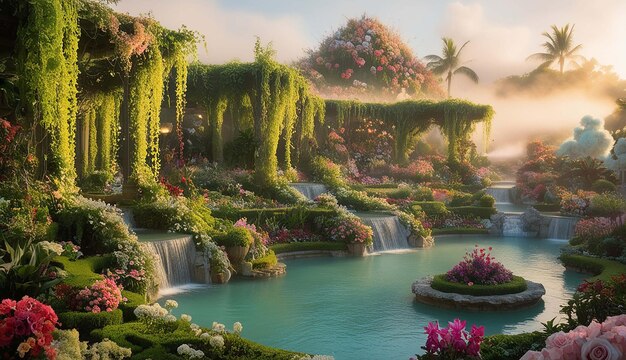 a garden with a waterfall and flowers and a waterfall