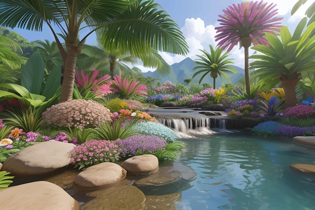 Photo a garden with a waterfall and a waterfall with a mountain in the background