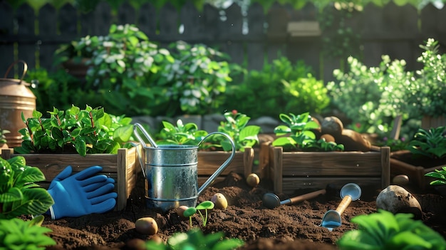 Photo the garden with watering can