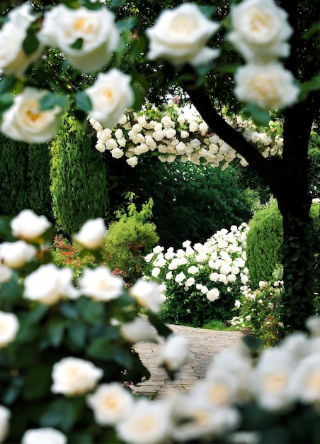 a garden with a white rose bush and a large bush with a large white rose in the middle