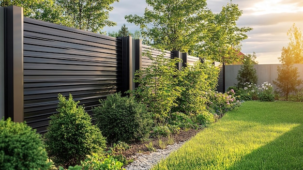 a garden with a wooden fence and a garden with a black fence