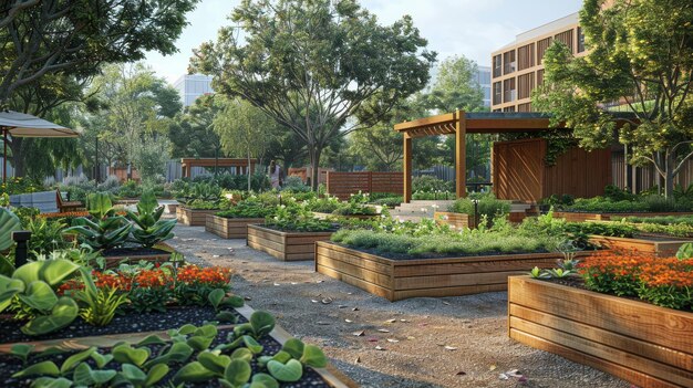 a garden with a wooden fence and plants in it