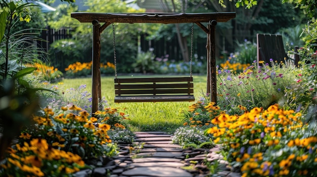 Garden Wooden Swing Flowers Delight