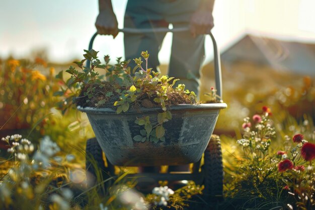 Gardener Carrying Seedlings in a Wheelbarrow