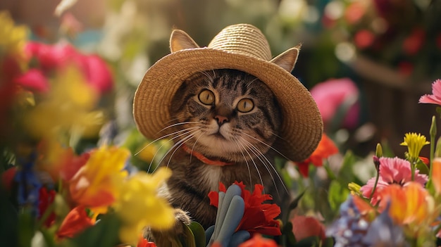 Gardener cat A tabby cat in a straw hat sits in the garden Cat in a blooming garden