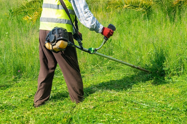 The gardener cutting grass by lawn mower