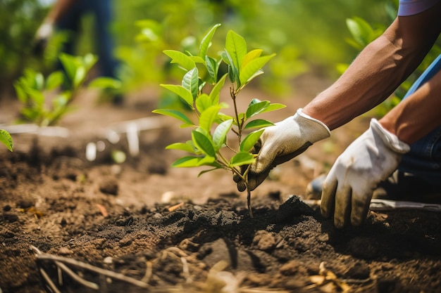 A gardener in gloves plants young tree seedlings into the ground