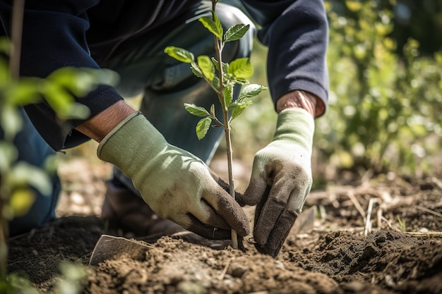 A gardener in gloves plants young tree seedlings into the ground