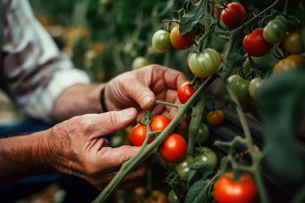 Gardener hand pick red tomato generative ai