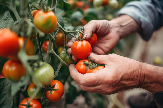 Gardener hand pick red tomato generative ai