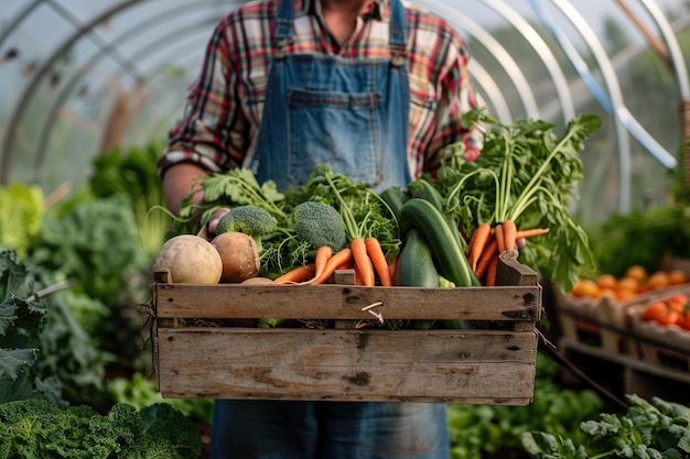 Gardener holding box full with vegetables