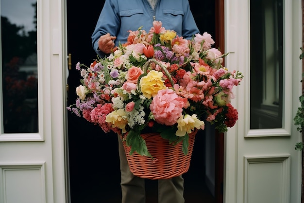 Gardener Holding Large Flower Basket Generative AI