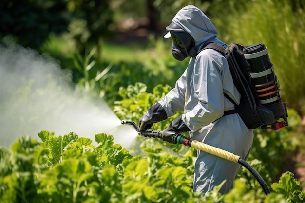 Gardener infusing biopesticides into diverse vegetable garden Welltended vegetable garden