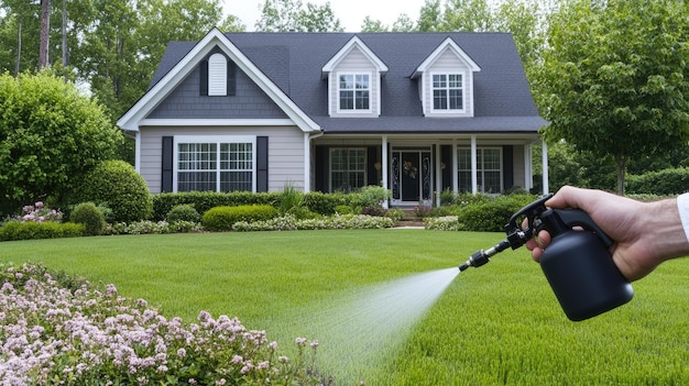 Photo a gardener is watering the green lawn in front of the house using a spray bottle to maintain the health of the grass and plants