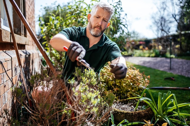 Gardener is working in beautiful English garden