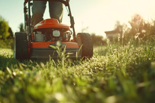 Gardener mowing lawn with lawn mower at sunset