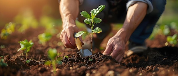 Gardener Nurturing Sapling in Sunlit Soil Echoing Sustainability Concept Gardening Nurturing Saplings Sunlit Soil Sustainability Echoing