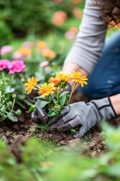 Gardener Planting Brightly Colored Flowers in a Vibrant Garden During Springtime