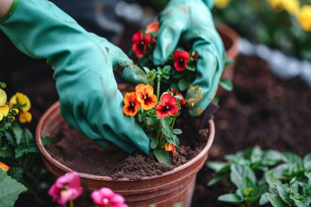 Gardener Planting Brightly Colored Flowers in a Vibrant Garden During Springtime