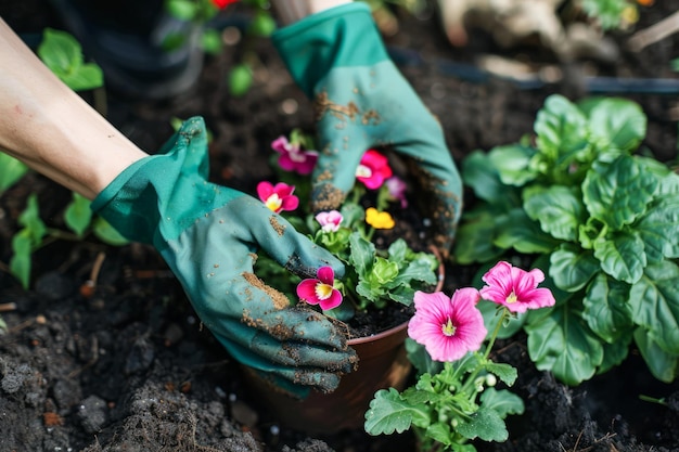 Gardener Planting Brightly Colored Flowers in a Vibrant Garden During Springtime