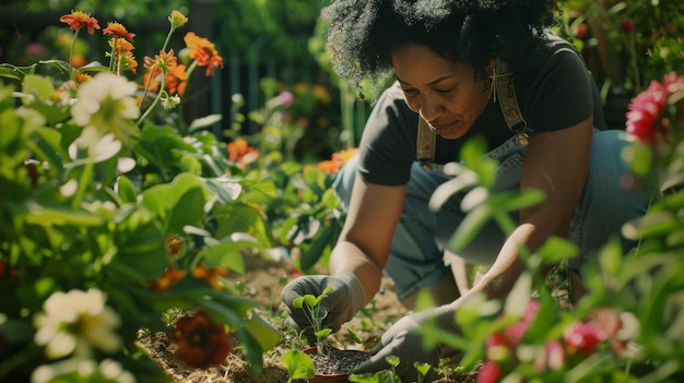 Gardener planting with care surrounded by lush greenery and the bright hues of blooming flowers