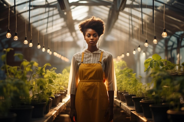 Gardener in a Sunlit Greenhouse Surrounded by Lush Plants