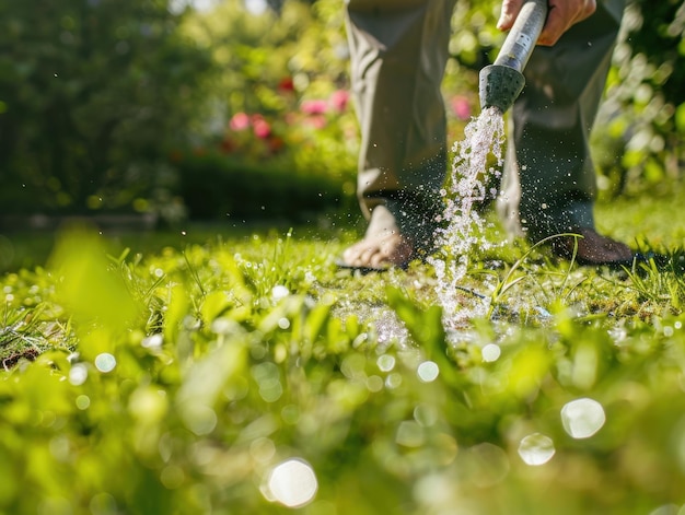 Photo gardener watering lush green lawn in early morning light at residential garden