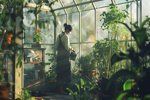 Gardener watering plants in greenhouse