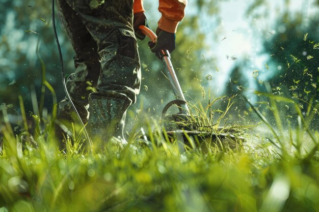 a gardener with a grass trimmer mows the grass