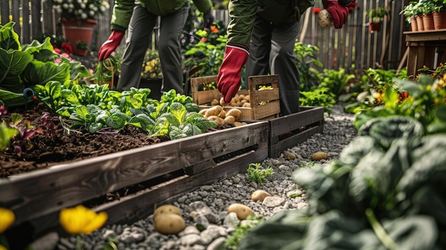 Photo the gardeners harvesting vegetables