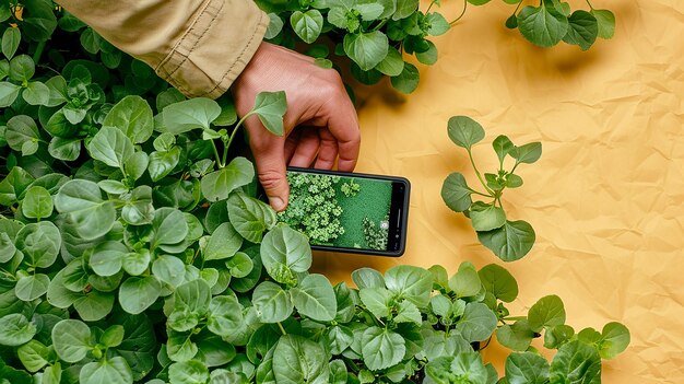 Photo gardeners touch a portrait of nature and technology