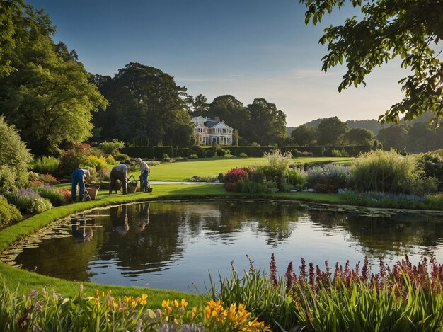 Photo gardeners working on the lawn with a beautiful lake in the background