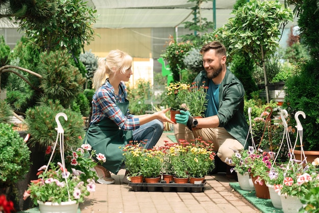 Gardeners working with flowers in garden center