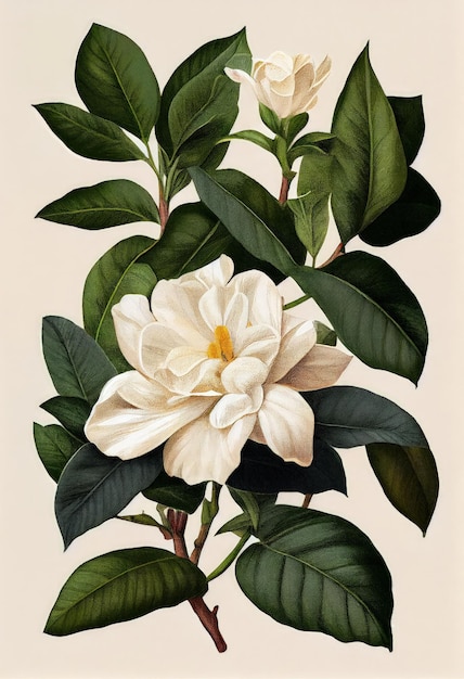 Gardenia Flower Botanical Illustration Jasminoides Flowers Realistic Painting Gardenia Drawing Imitation Abstract Generative AI Illustration