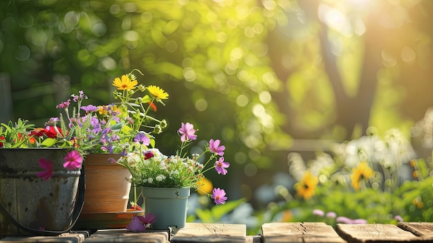 Gardening background with flowerpots in sunny spring or summer garden