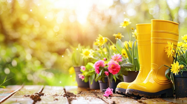 Photo gardening background with flowerpots yellow boots in sunny spring or summer garden