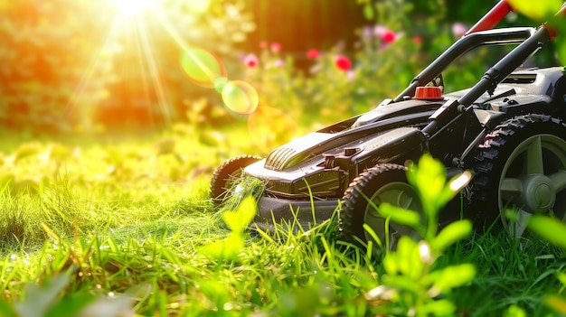 Gardening care mowing trim green grass on lawn hill with lawnmower