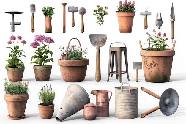 Gardening Equipment For Gardener With Flowerpots