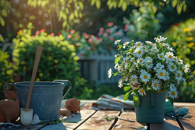 gardening equipment among plant in flower pot on a table in garden